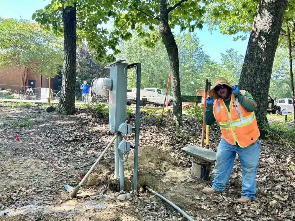 New underground service riser set on a wooded lot in Greenville, SC after the bore was completed